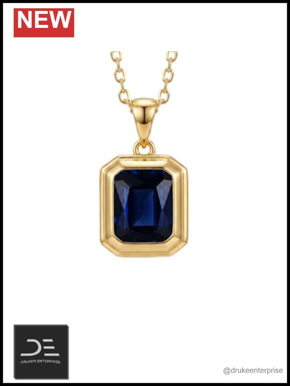 14K Gold Plated September Birthstone Pendant Necklace Blue Sapphire Square
